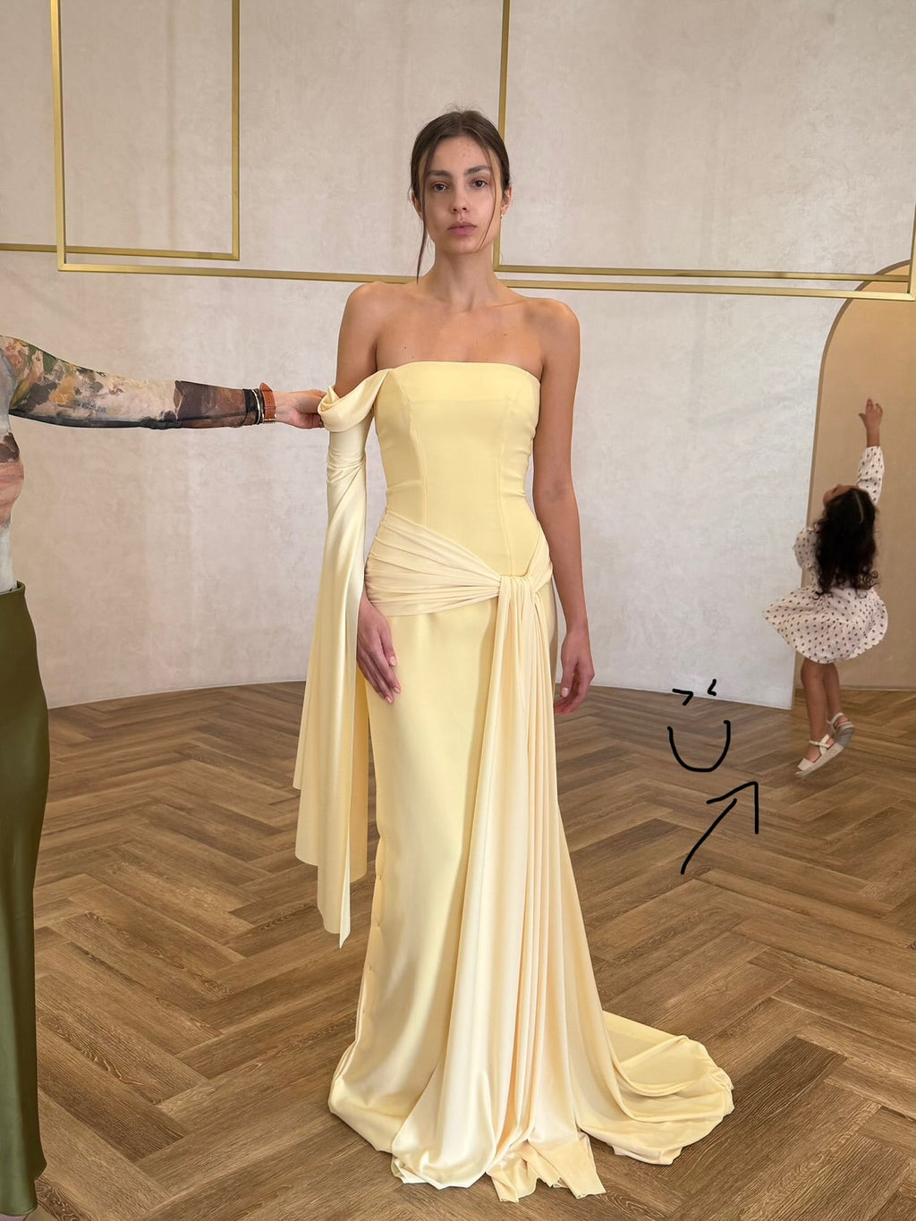 Luxury Light Yellow One-Shoulder Evening Dress with Overskirt SF069