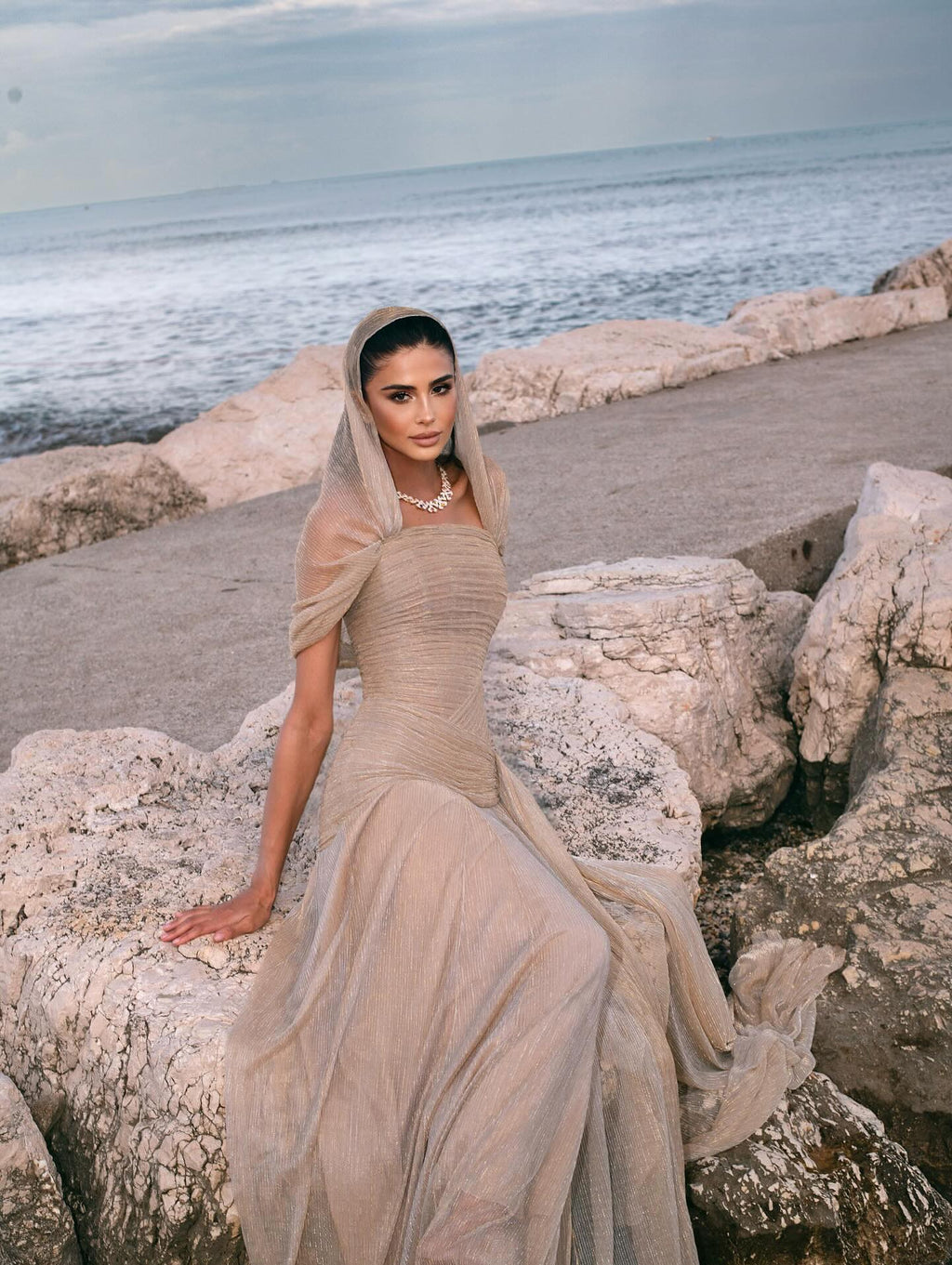 Elegant Champagne Strapless Evening Dress with Scarf and Overskirt SF045