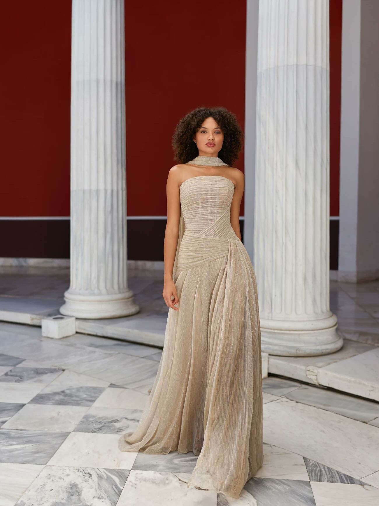 Elegant Champagne Strapless Evening Dress with Scarf and Overskirt SF045