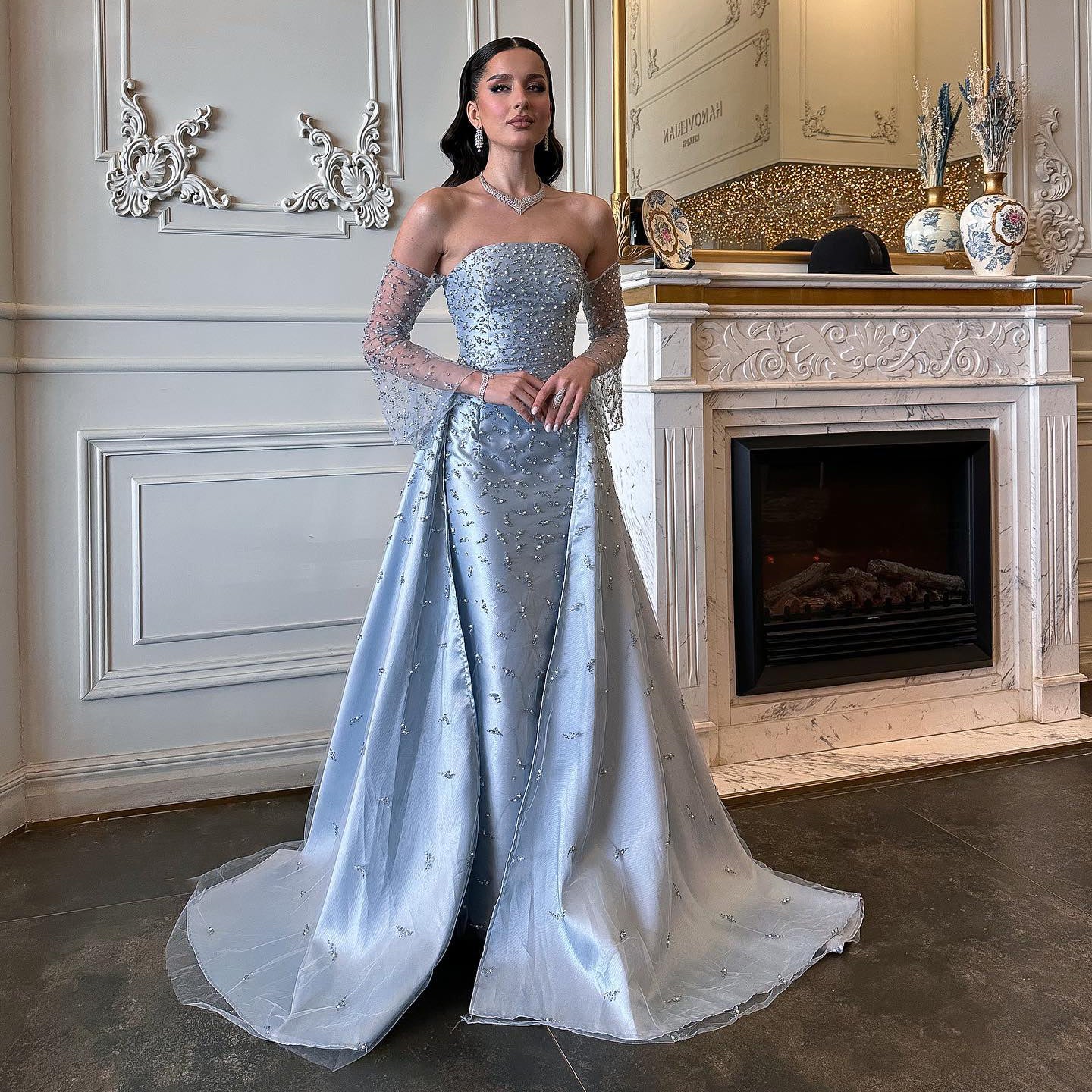 Luxury Pearls Silver Gray Long Sleeves Evening Dress with Overskirt SS484