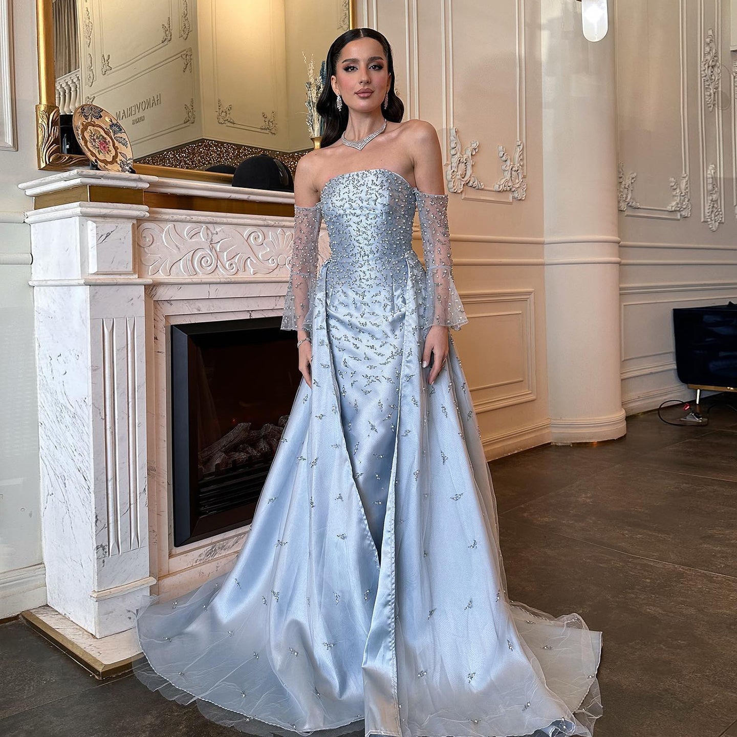 Luxury Pearls Silver Gray Long Sleeves Evening Dress with Overskirt SS484