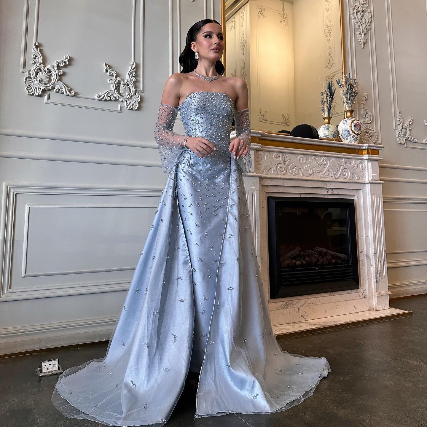Luxury Pearls Silver Gray Long Sleeves Evening Dress with Overskirt SS484