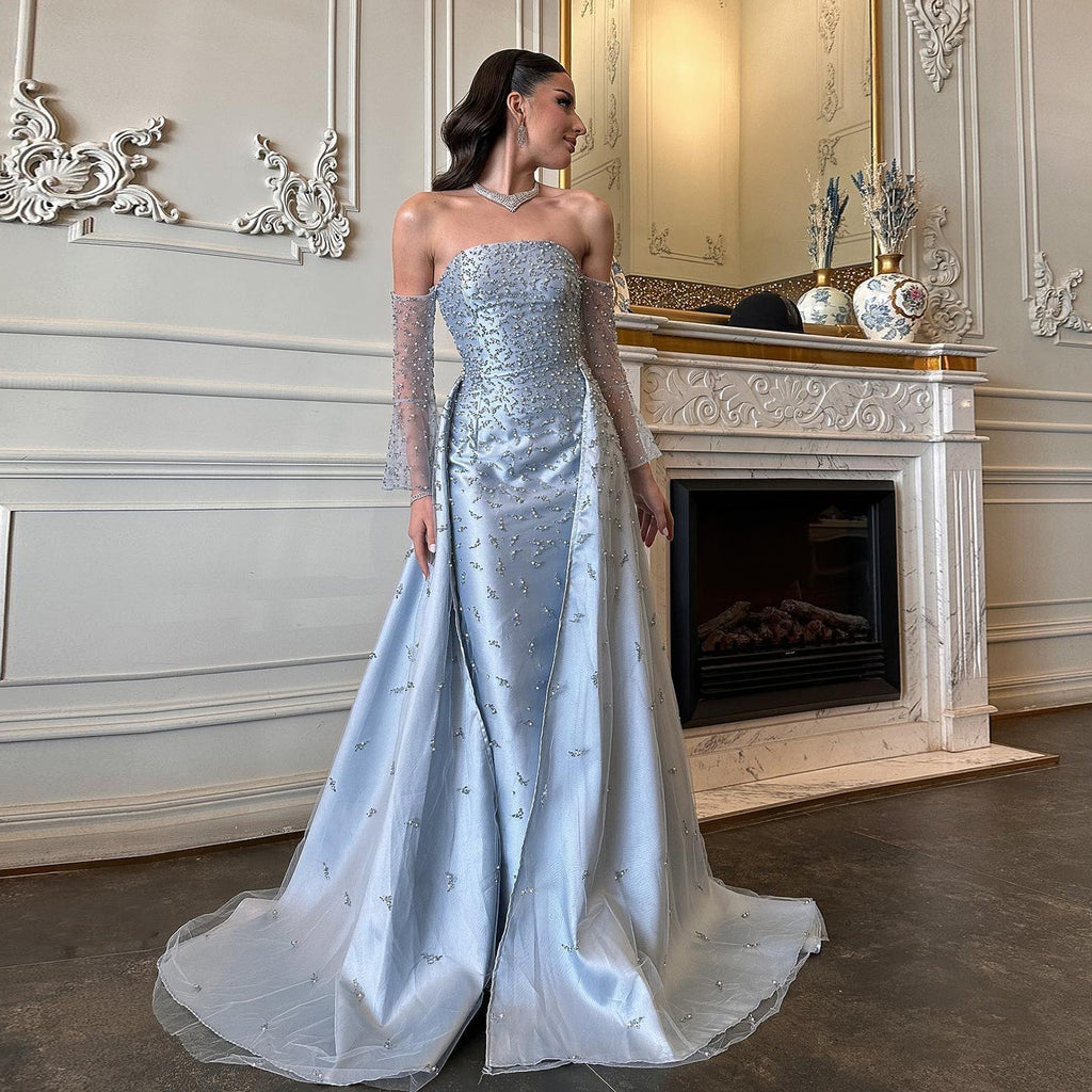 Luxury Pearls Silver Gray Long Sleeves Evening Dress with Overskirt SS484