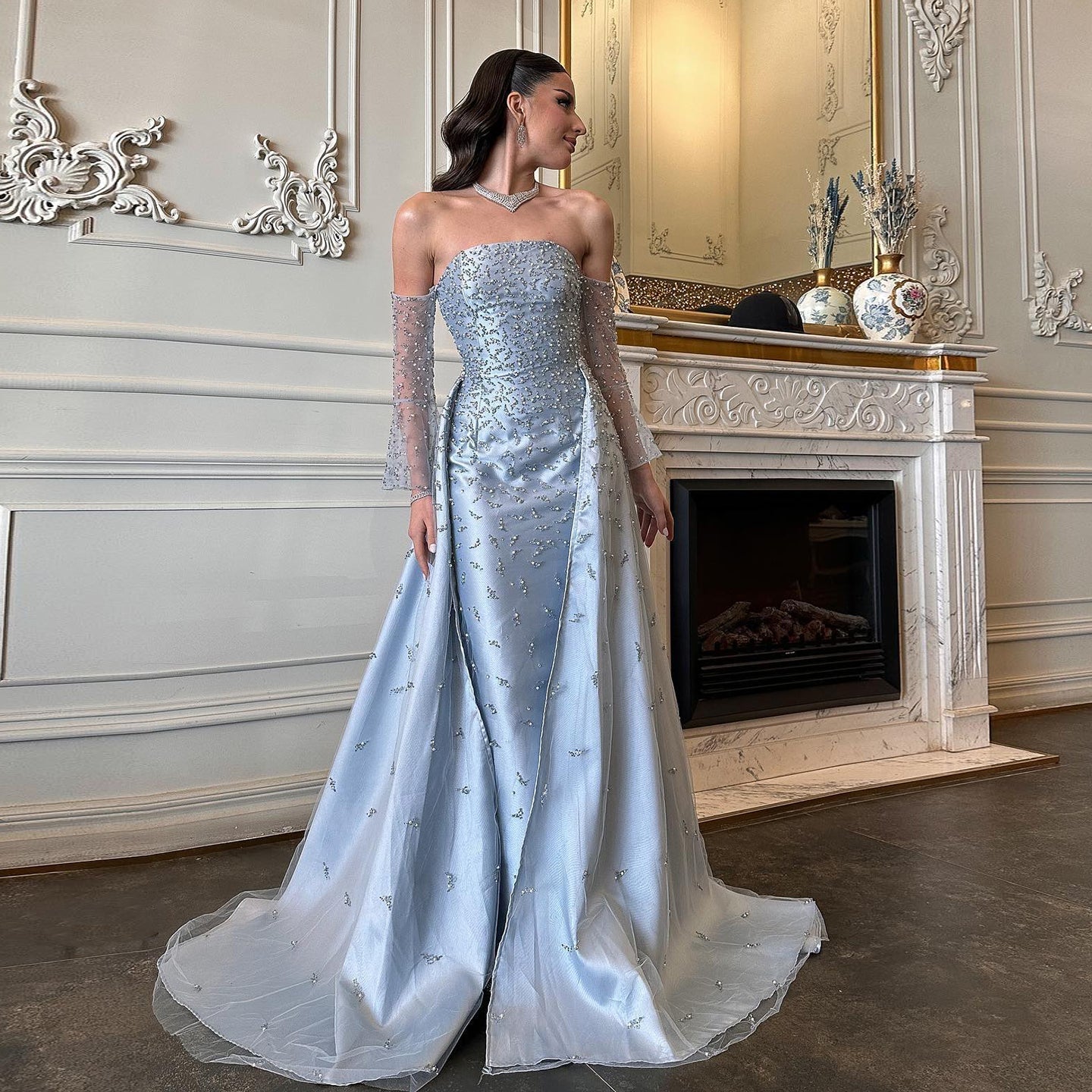 Luxury Pearls Silver Gray Long Sleeves Evening Dress with Overskirt SS484