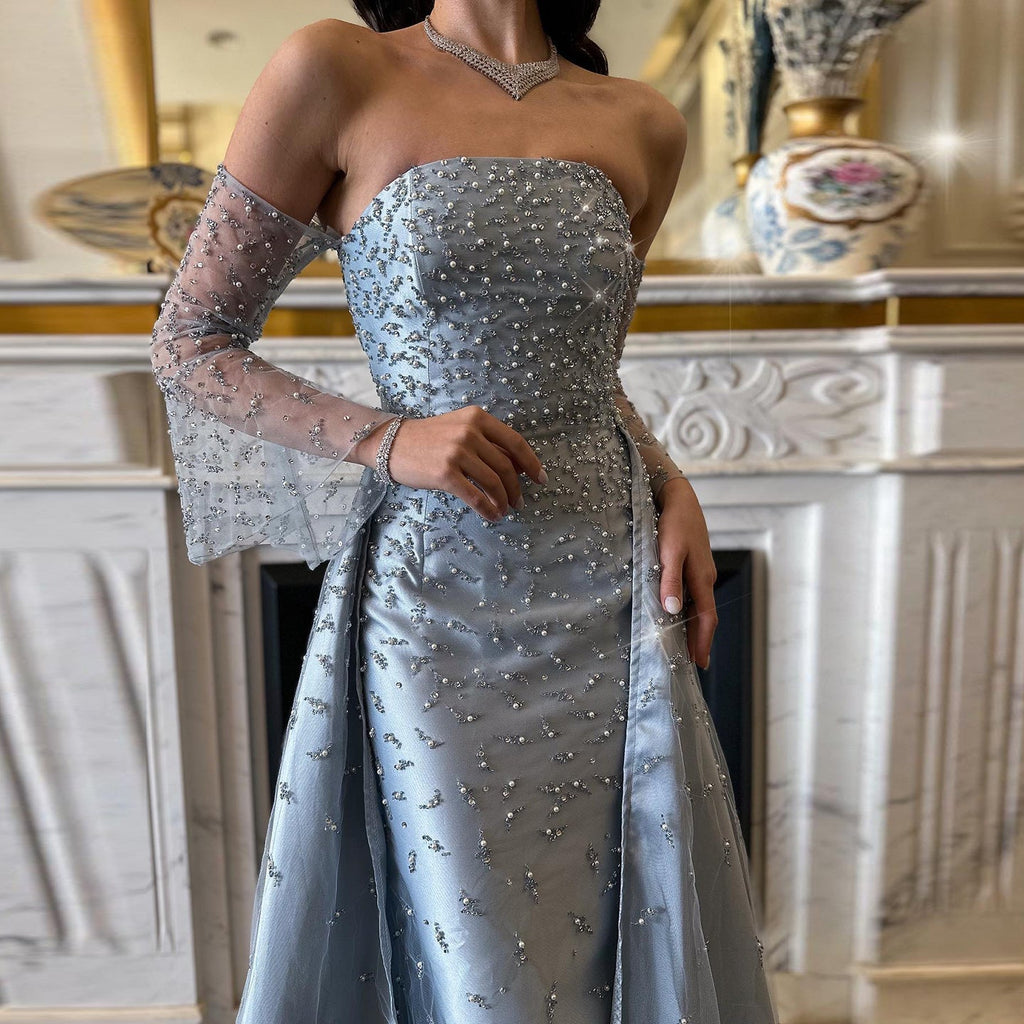 Luxury Pearls Silver Gray Long Sleeves Evening Dress with Overskirt SS484
