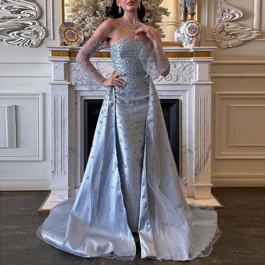 Luxury Pearls Silver Gray Long Sleeves Evening Dress with Overskirt SS484