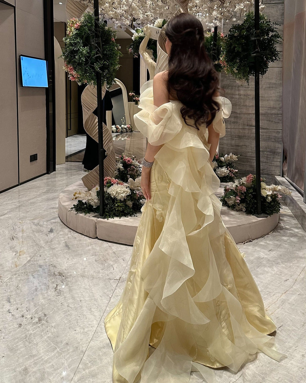 Elegant Yellow Off-the-Shoulder 3D Floral Evening Dress SS505