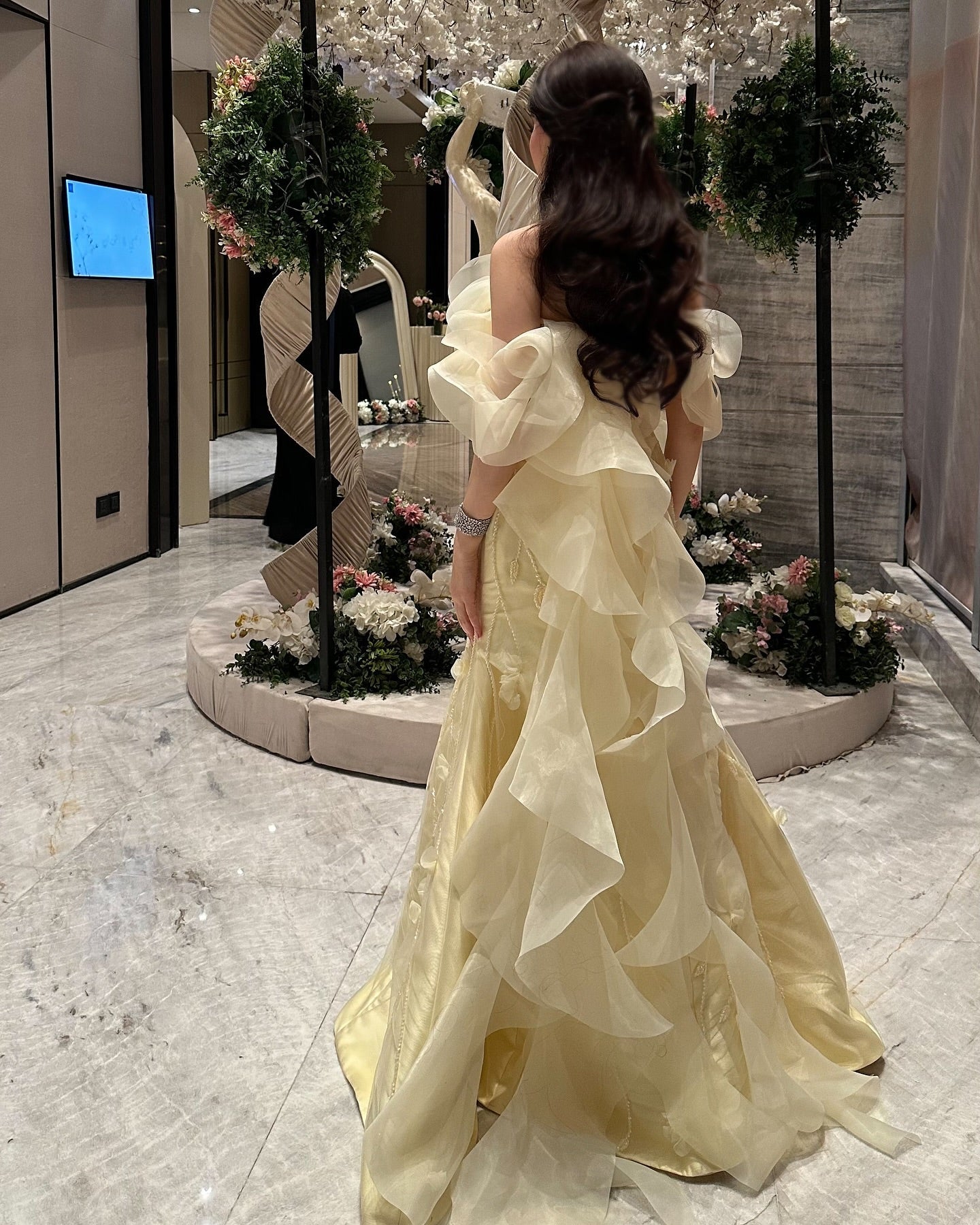 Elegant Yellow Off-the-Shoulder 3D Floral Evening Dress SS505