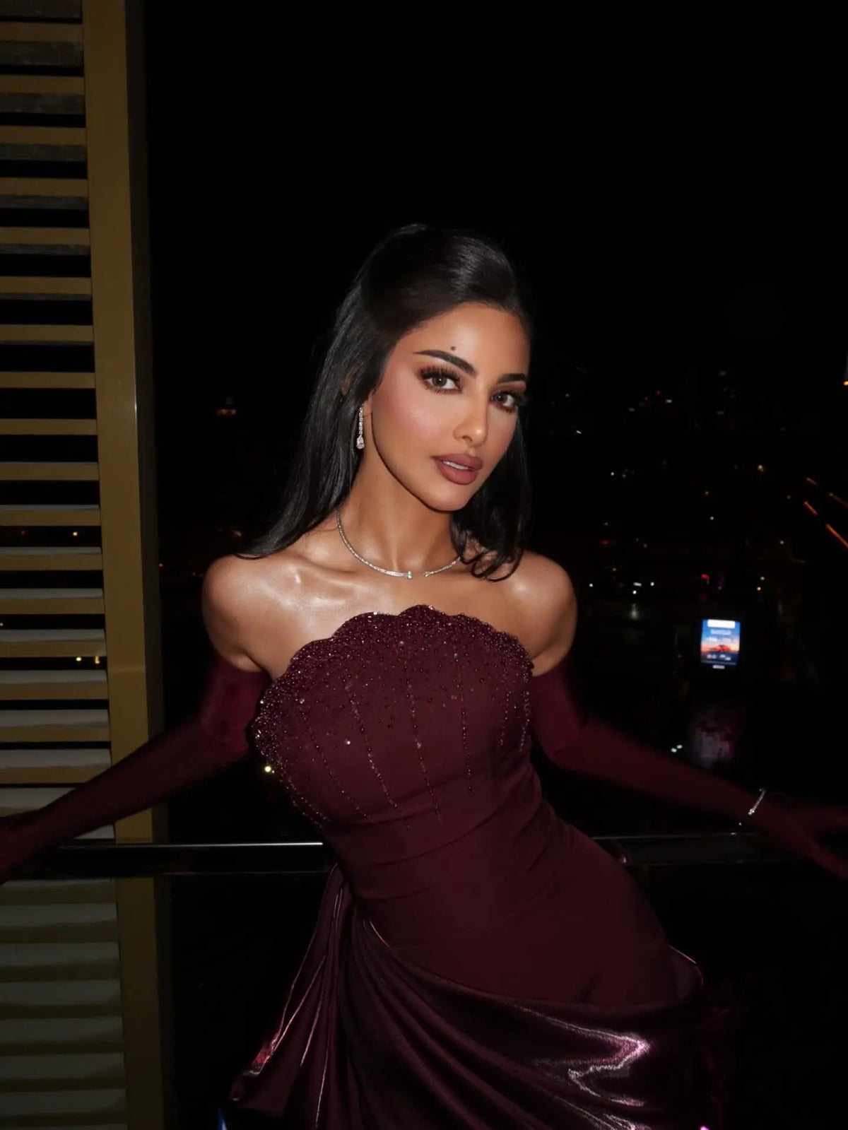 Romantic Burgundy Strapless Beaded Evening Dress with Statement Satin Draped Train SS608