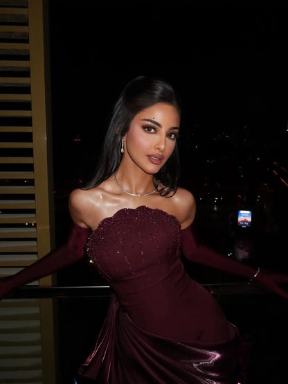 Romantic Burgundy Strapless Beaded Evening Dress with Statement Satin Draped Train SS608