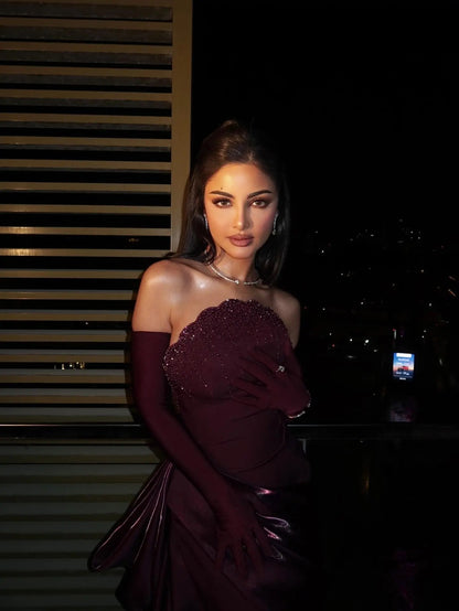 Romantic Burgundy Strapless Beaded Evening Dress with Statement Satin Draped Train SS608