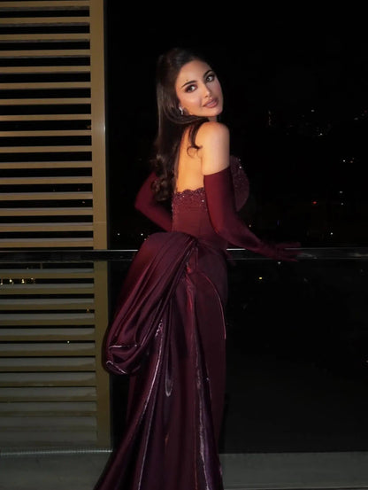 Romantic Burgundy Strapless Beaded Evening Dress with Statement Satin Draped Train SS608