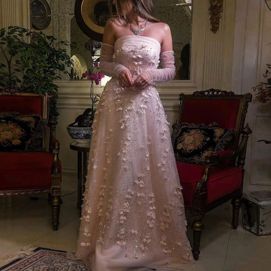 Elegant Pink 3D Flowers Evening Dress with Long Sleeves SS344