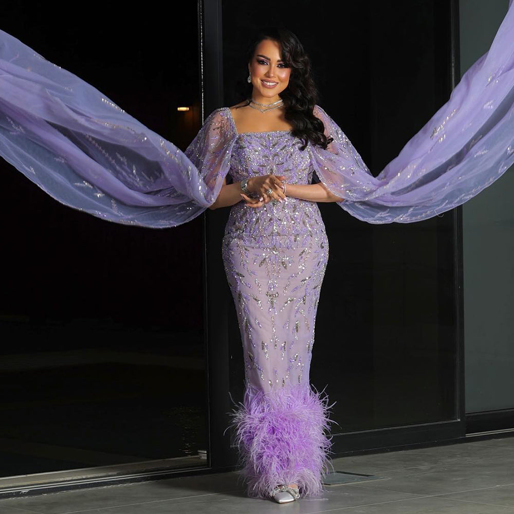 Luxury Feathers Lilac Evening Dress with Cape Sleeves SS381