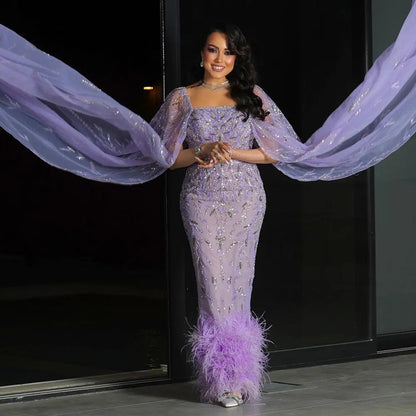 Luxury Feathers Lilac Evening Dress with Cape Sleeves SS381