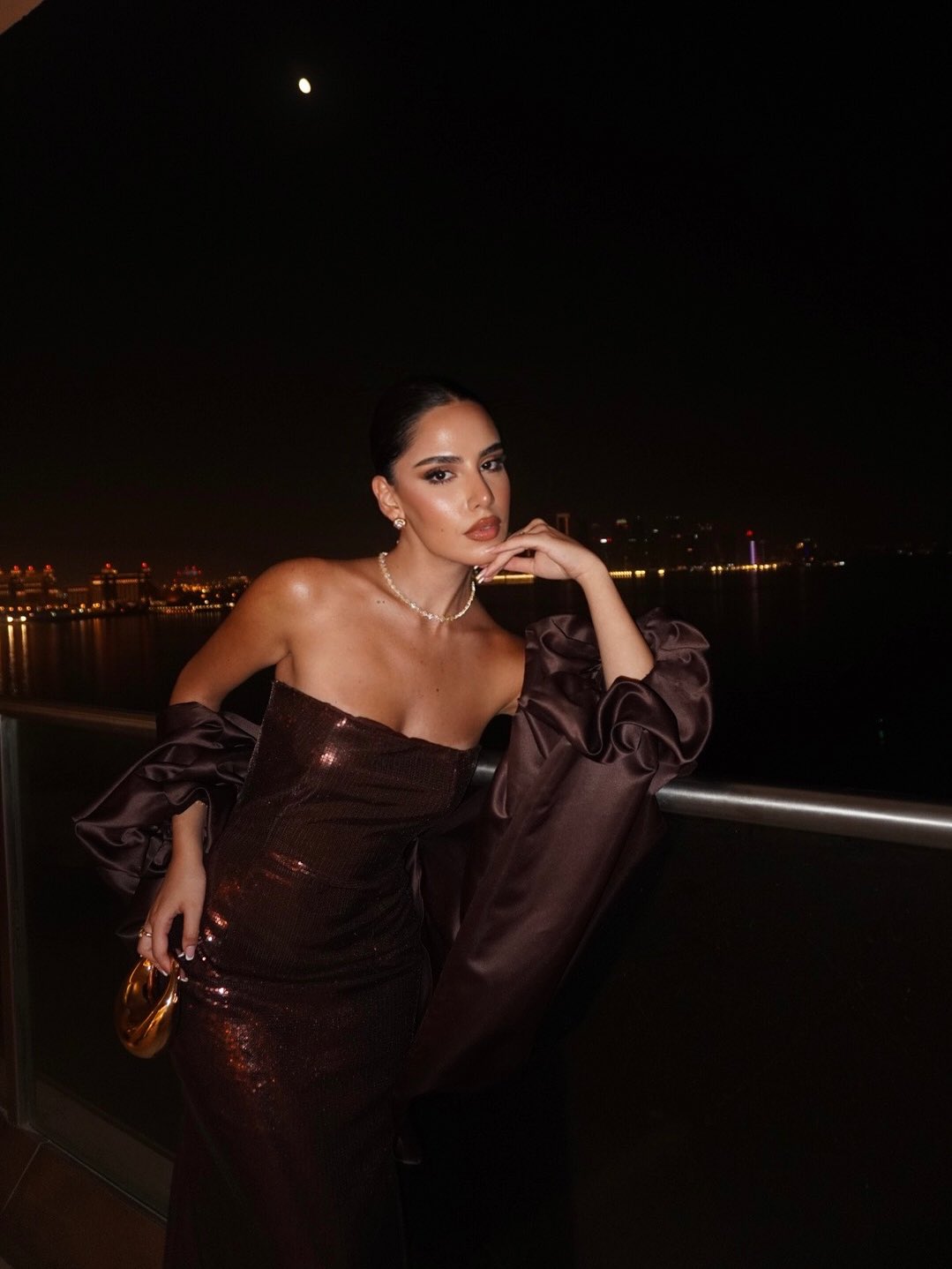 Luxury Brown Metallic Shine Strapless Evening Dress with Cape Sleeves SF592