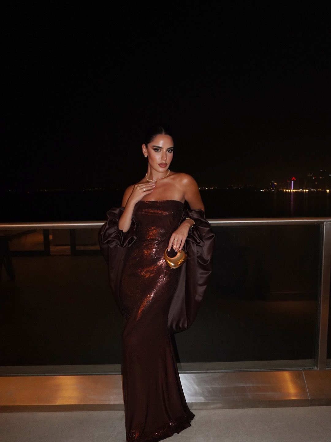 Luxury Brown Metallic Shine Strapless Evening Dress with Cape Sleeves SF592
