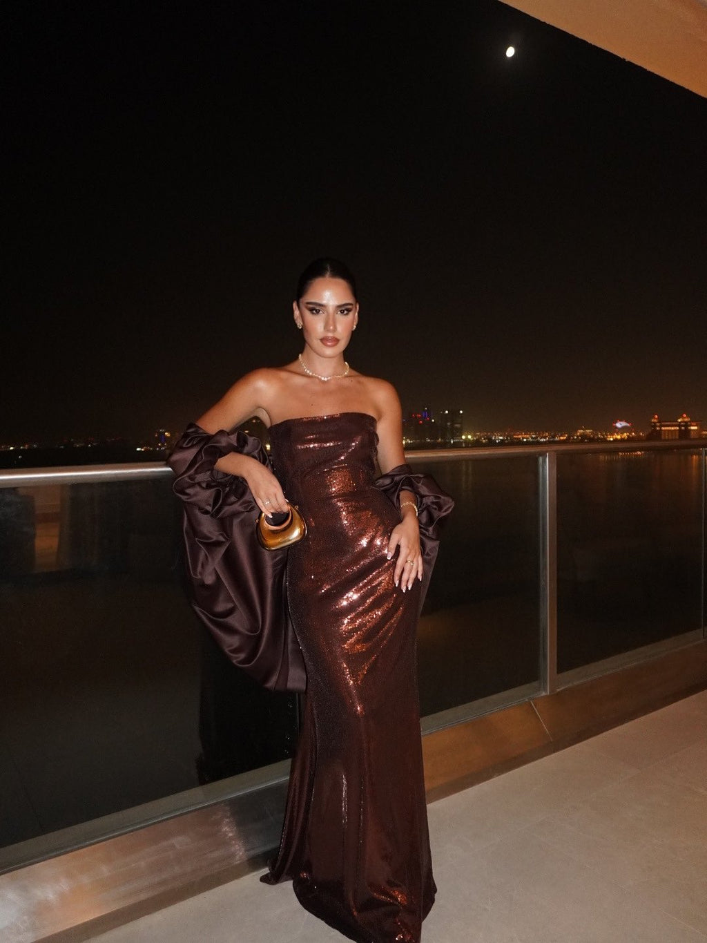 Luxury Brown Metallic Shine Strapless Evening Dress with Cape Sleeves SF592