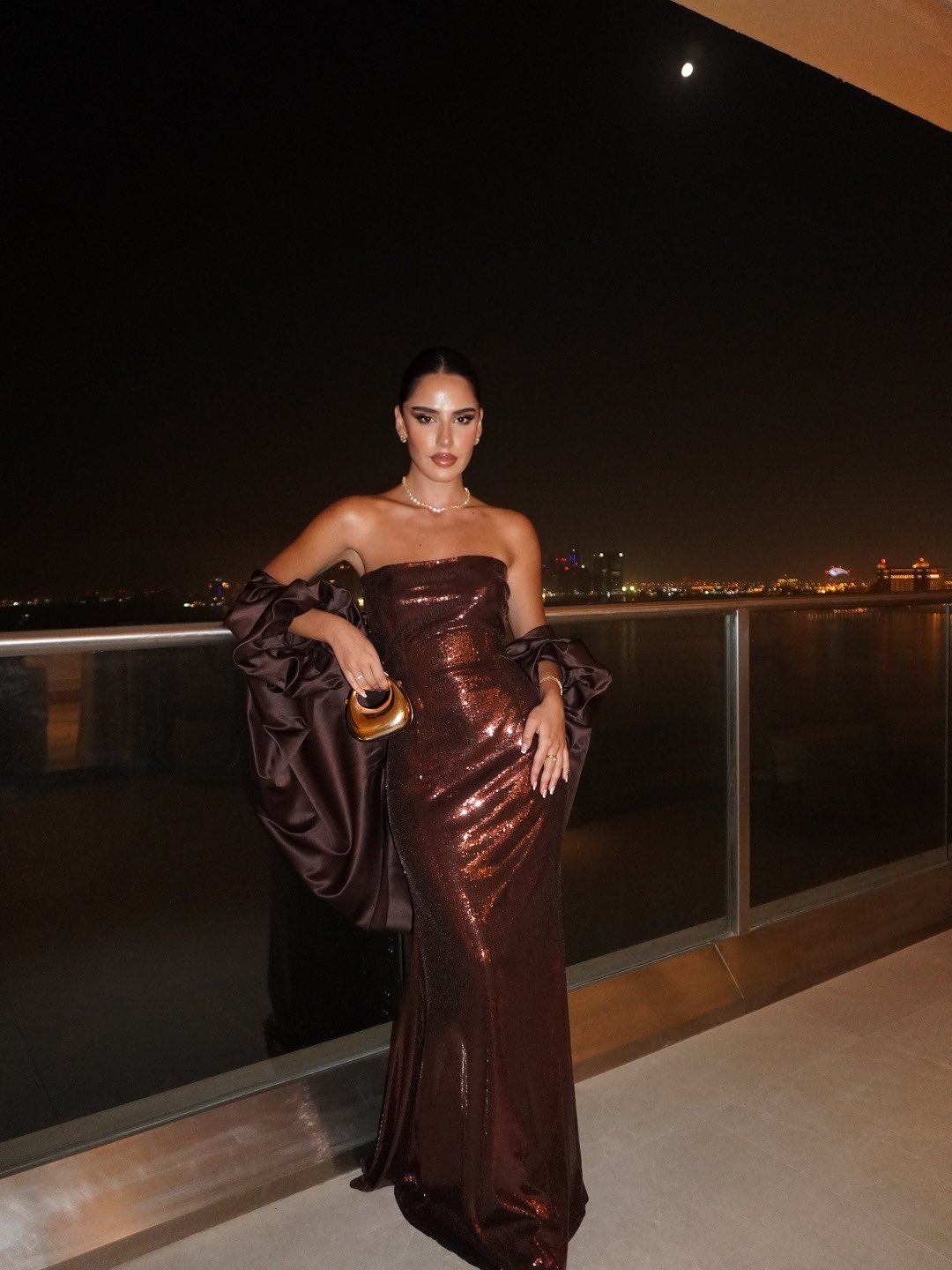 Luxury Brown Metallic Shine Strapless Evening Dress with Cape Sleeves SF592