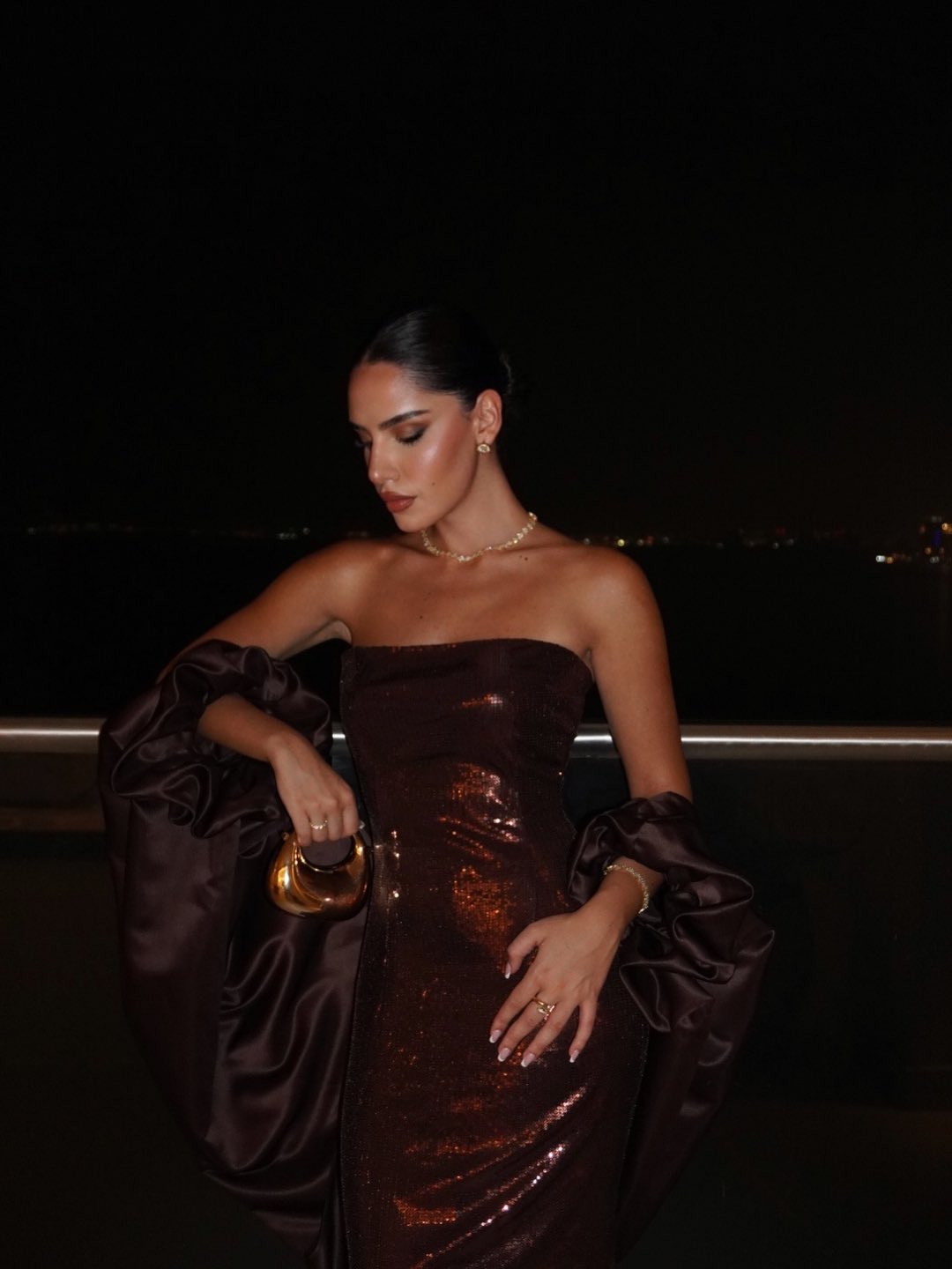 Luxury Brown Metallic Shine Strapless Evening Dress with Cape Sleeves SF592