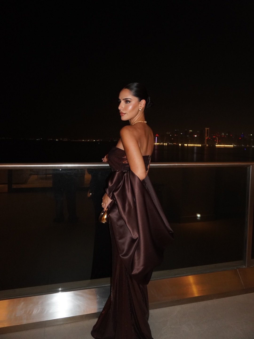 Luxury Brown Metallic Shine Strapless Evening Dress with Cape Sleeves SF592