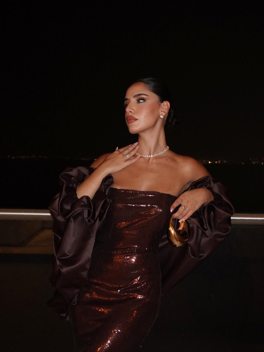 Luxury Brown Metallic Shine Strapless Evening Dress with Cape Sleeves SF592
