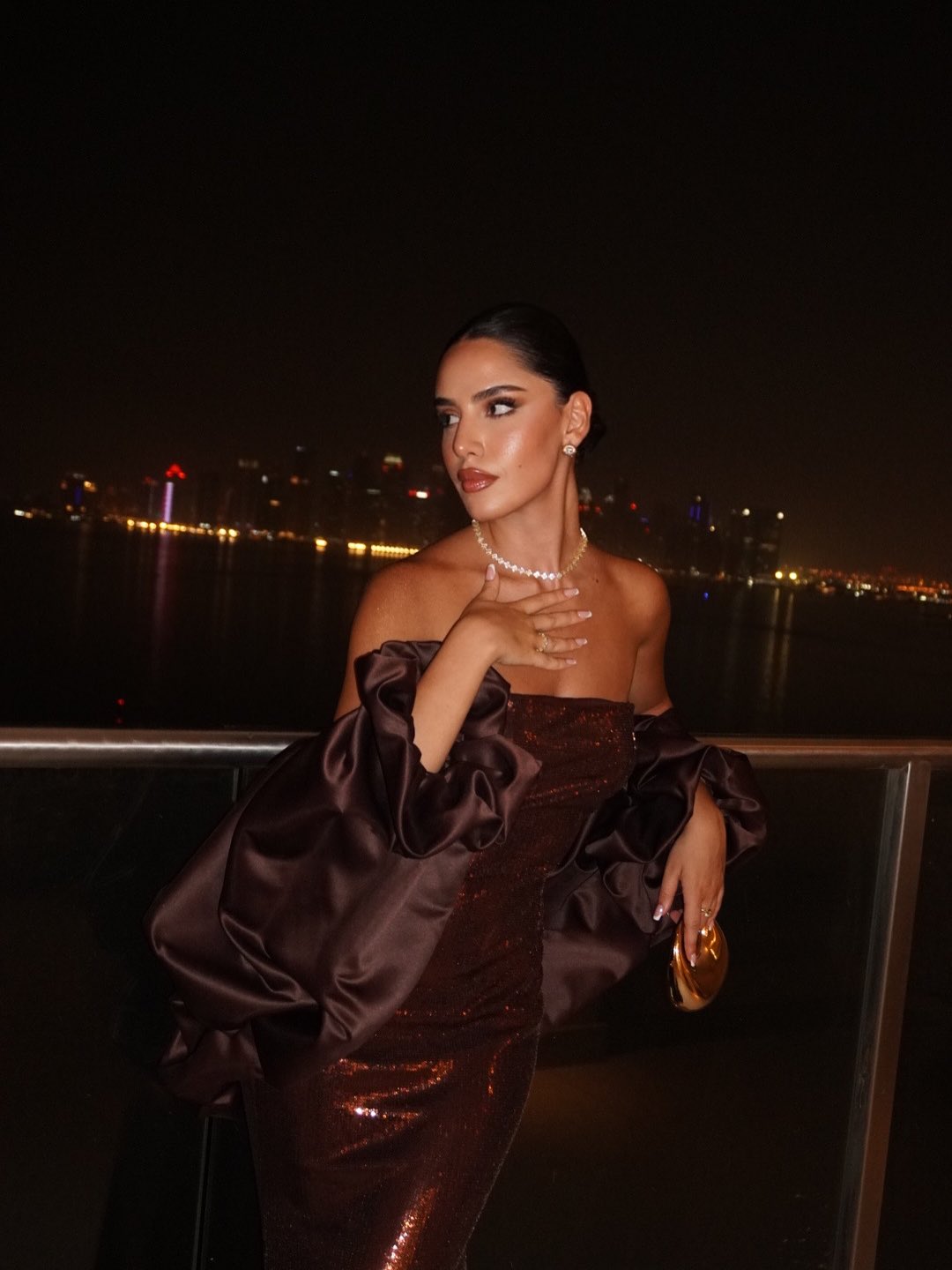 Luxury Brown Metallic Shine Strapless Evening Dress with Cape Sleeves SF592