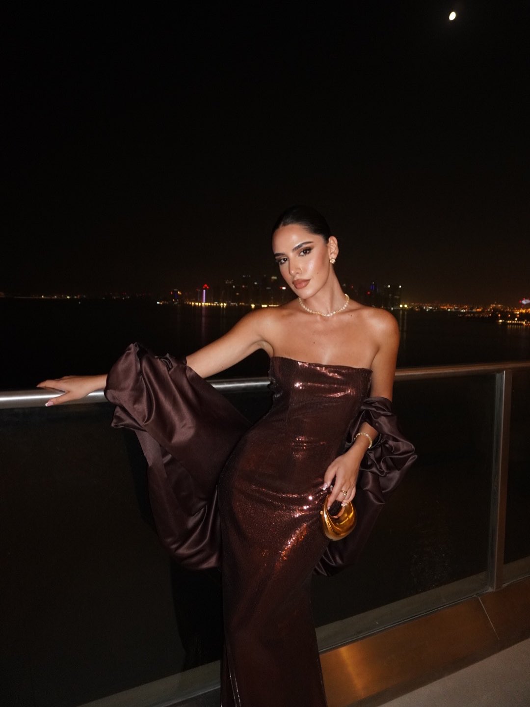Luxury Brown Metallic Shine Strapless Evening Dress with Cape Sleeves SF592
