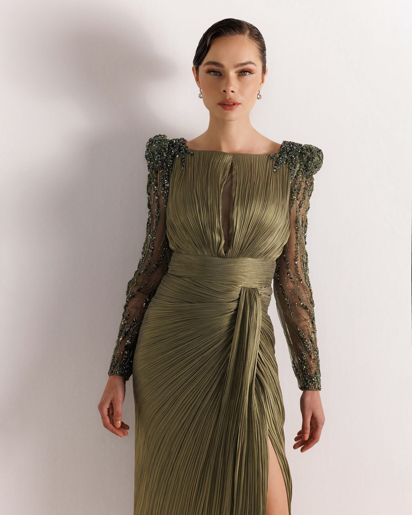 Luxury Beaded Long Sleeves Evening Dress with Overskirt SF410