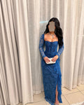 Elegant Long Sleeves Blue Pleats Evening Dress SF303