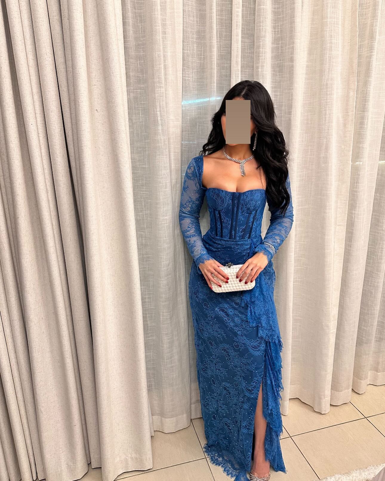 Elegant Long Sleeves Blue Pleats Evening Dress SF303