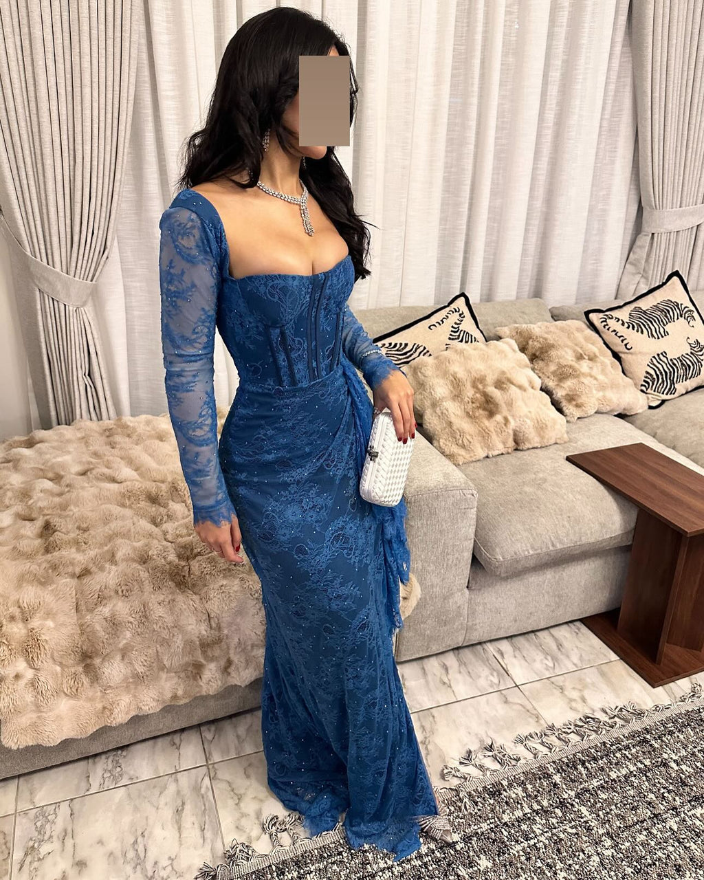 Elegant Long Sleeves Blue Pleats Evening Dress SF303