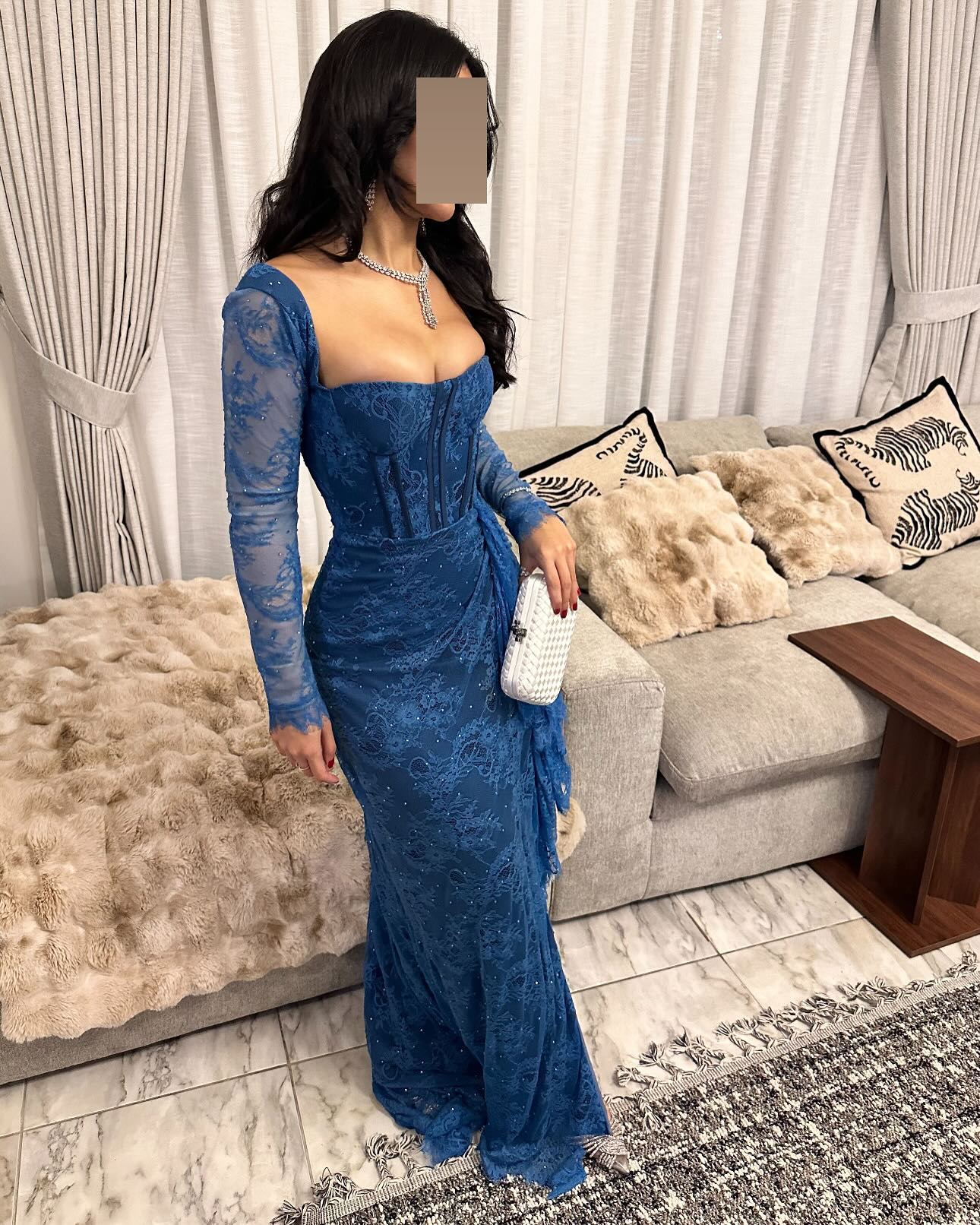 Elegant Long Sleeves Blue Pleats Evening Dress SF303