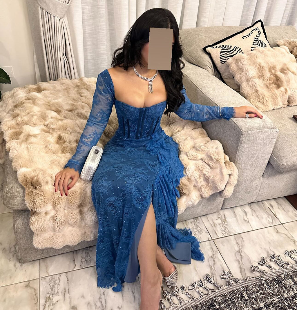 Elegant Long Sleeves Blue Pleats Evening Dress SF303