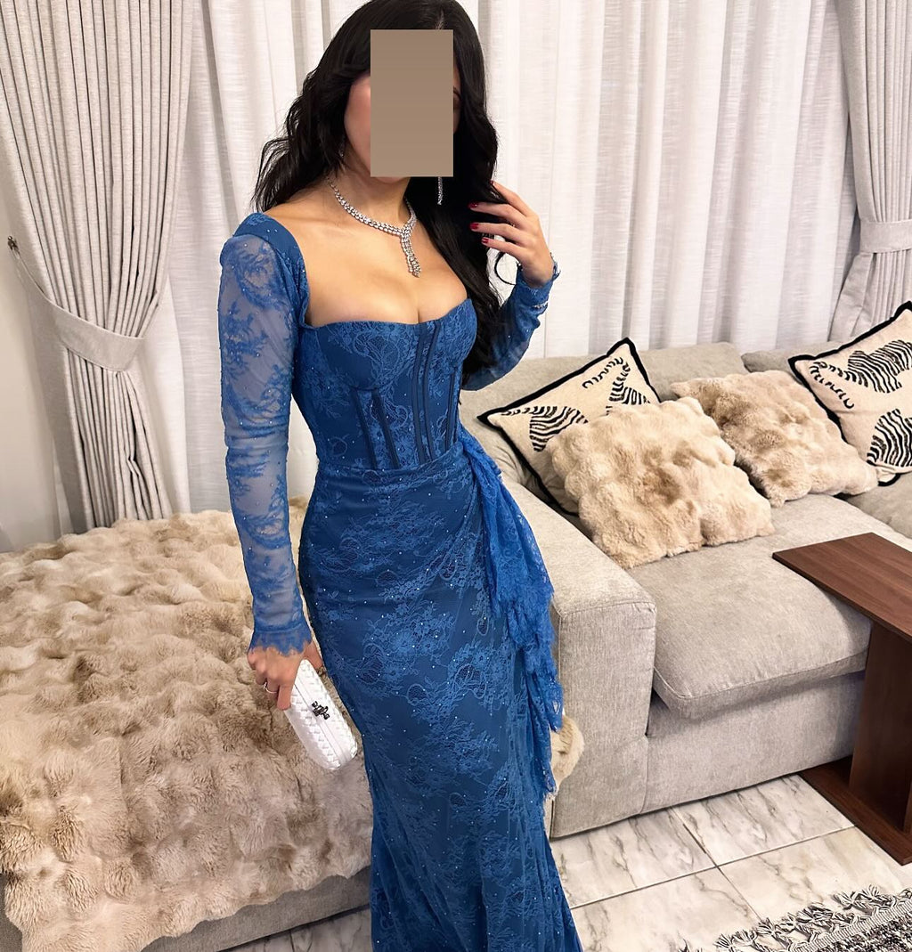 Elegant Long Sleeves Blue Pleats Evening Dress SF303