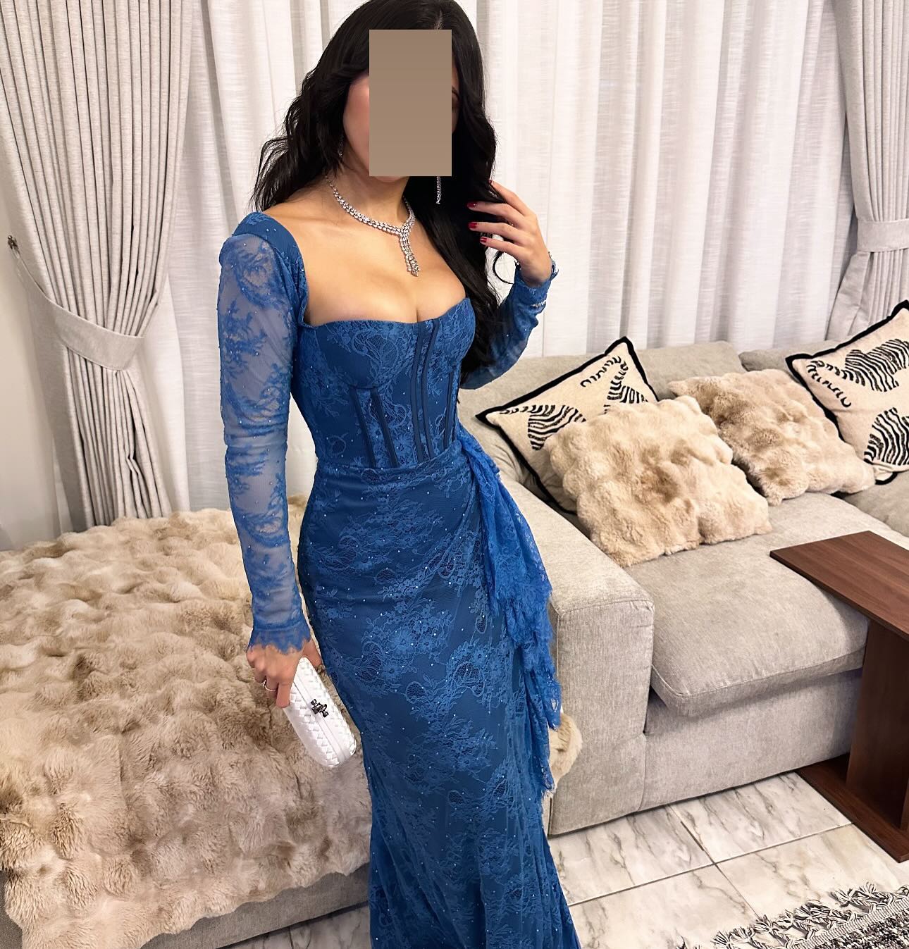 Elegant Long Sleeves Blue Pleats Evening Dress SF303