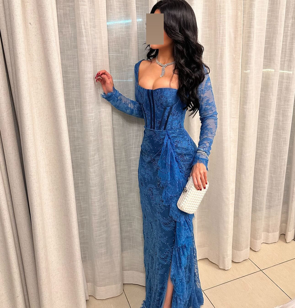 Elegant Long Sleeves Blue Pleats Evening Dress SF303