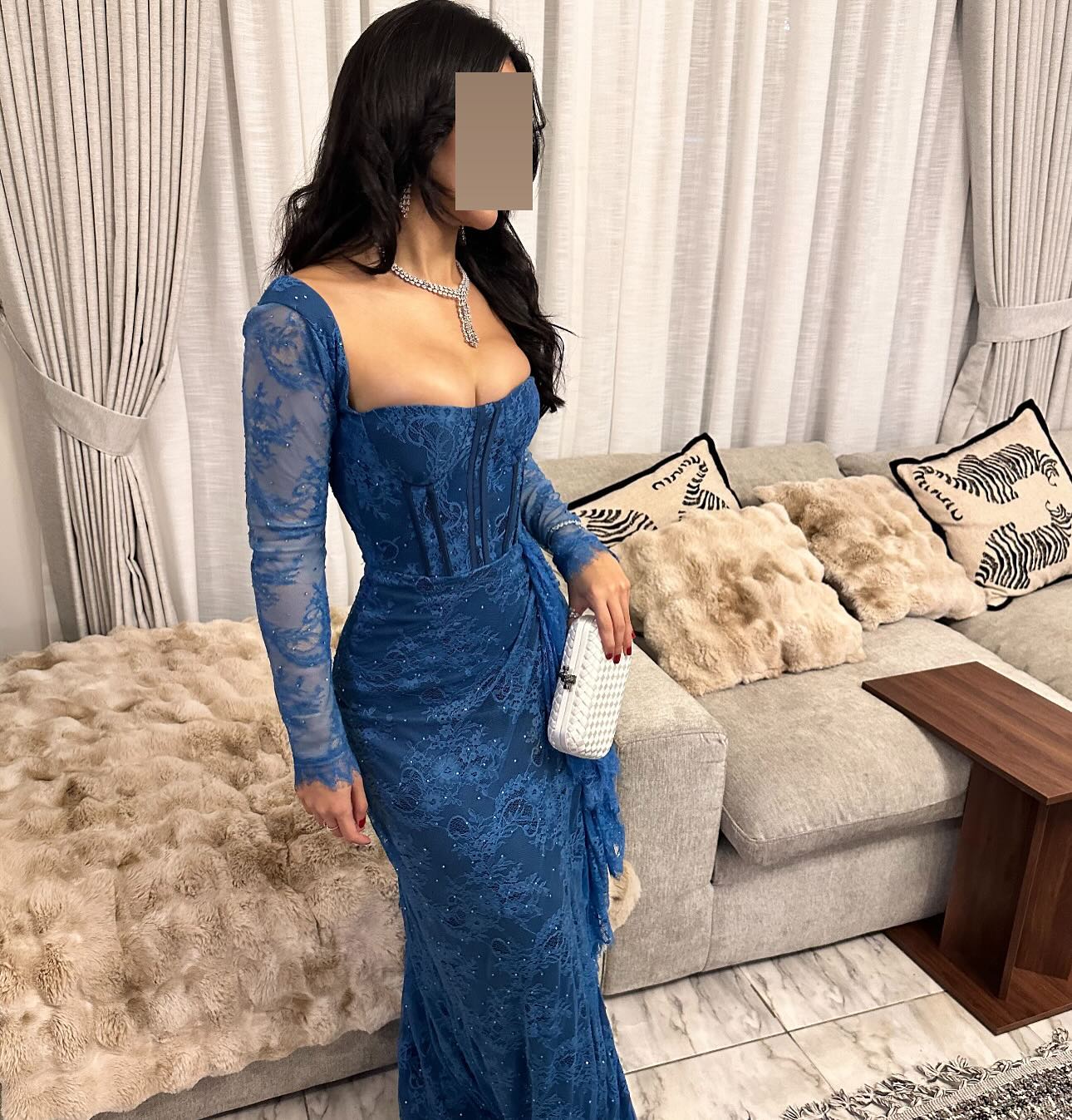 Elegant Long Sleeves Blue Pleats Evening Dress SF303