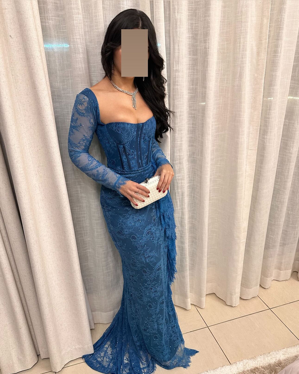 Elegant Long Sleeves Blue Pleats Evening Dress SF303