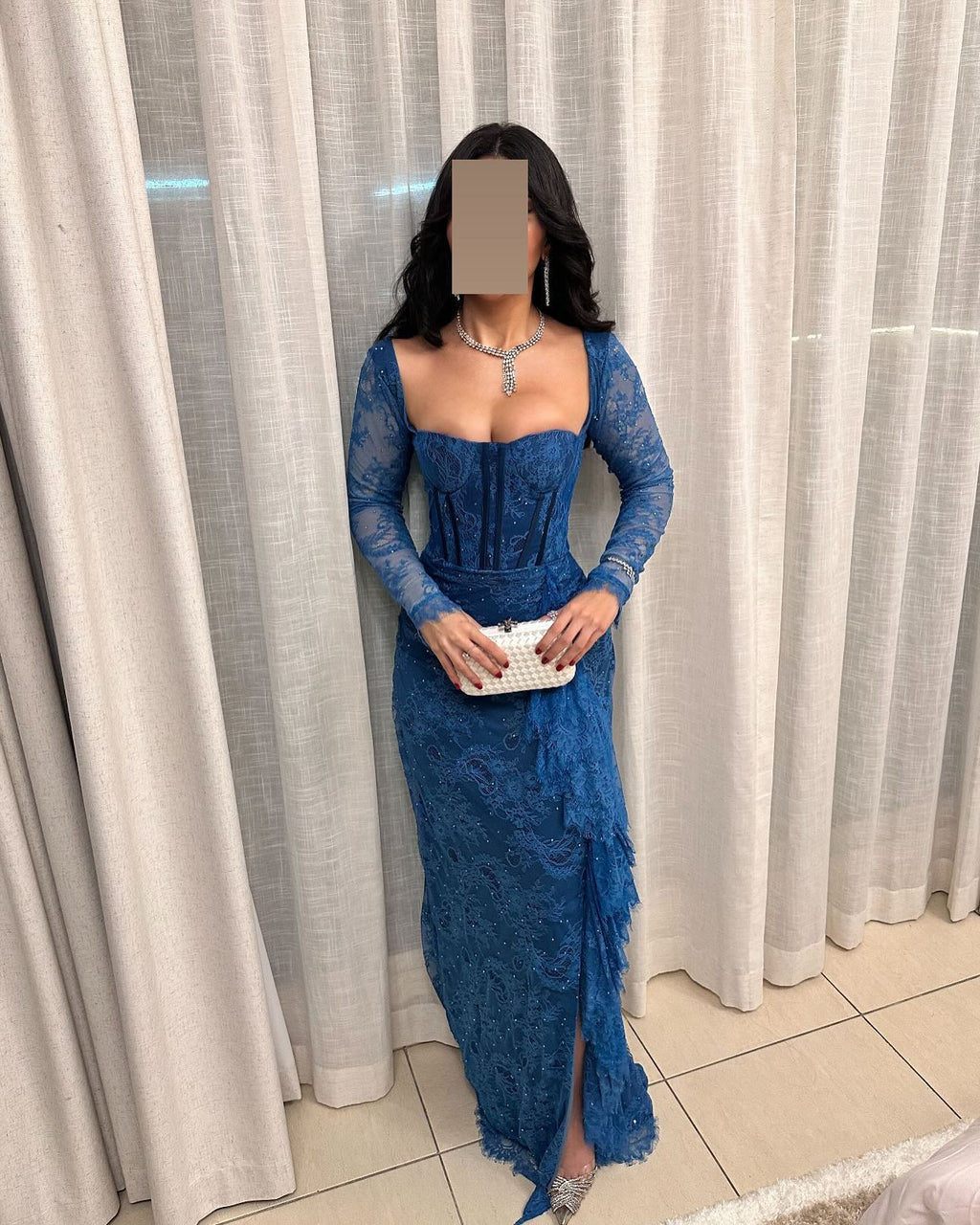 Elegant Long Sleeves Blue Pleats Evening Dress SF303