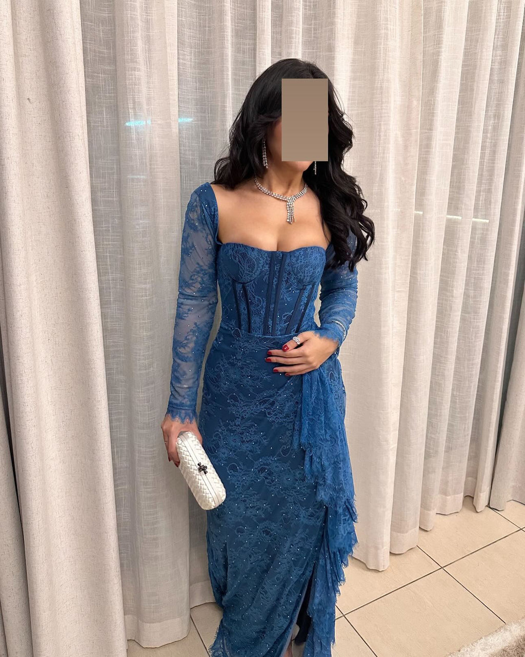 Elegant Long Sleeves Blue Pleats Evening Dress SF303