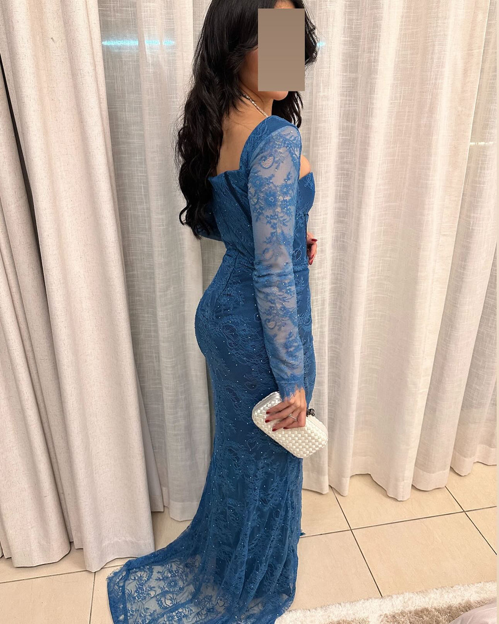 Elegant Long Sleeves Blue Pleats Evening Dress SF303
