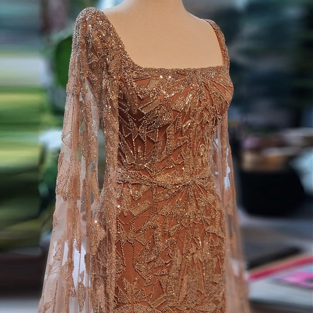 Luxury Nude Pink Square Collar Evening Dresses with Cape Sleeves SS497
