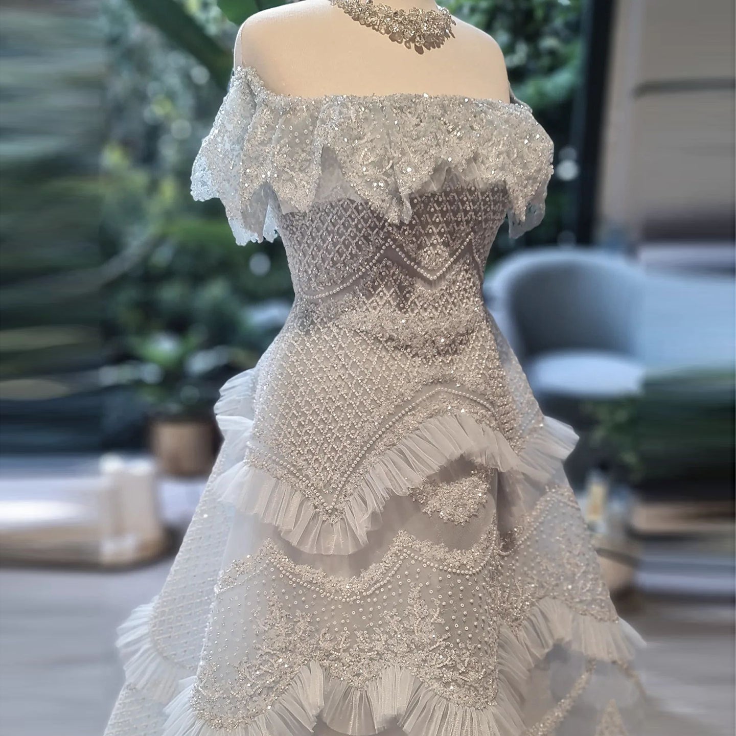 Luxury Pearls Silver Gray Off Shoulder A-Line Evening Dress SS485