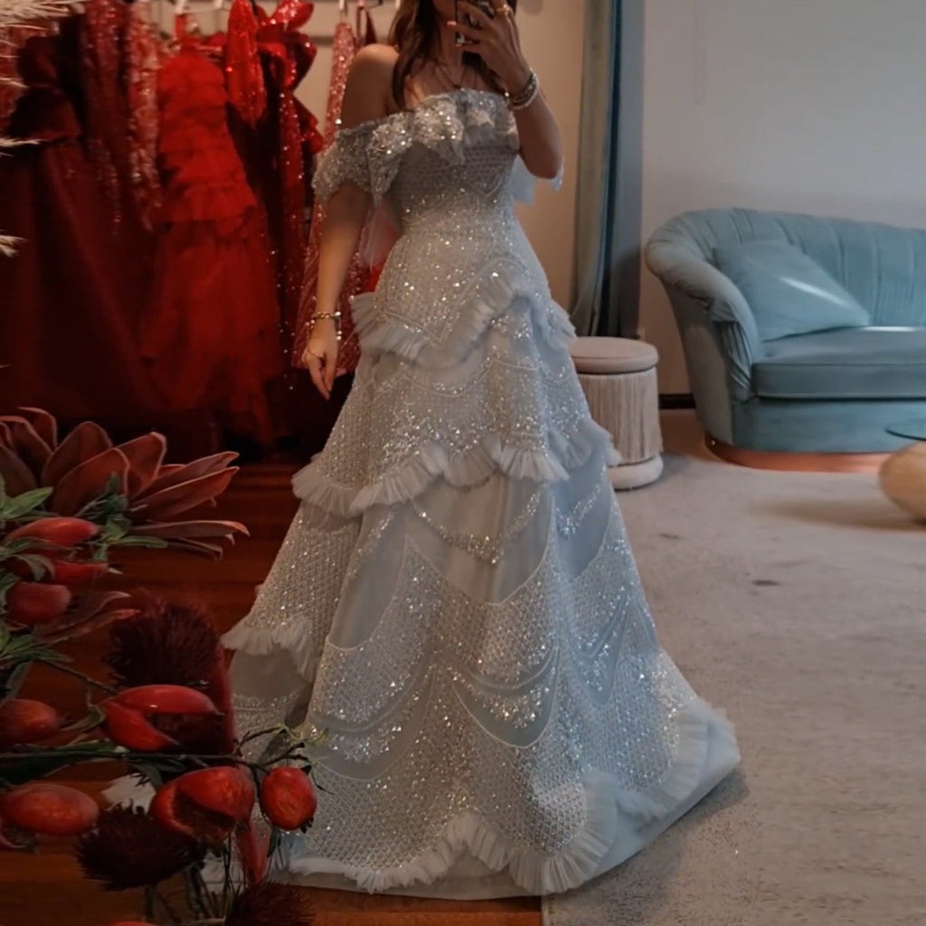 Luxury Pearls Silver Gray Off Shoulder A-Line Evening Dress SS485