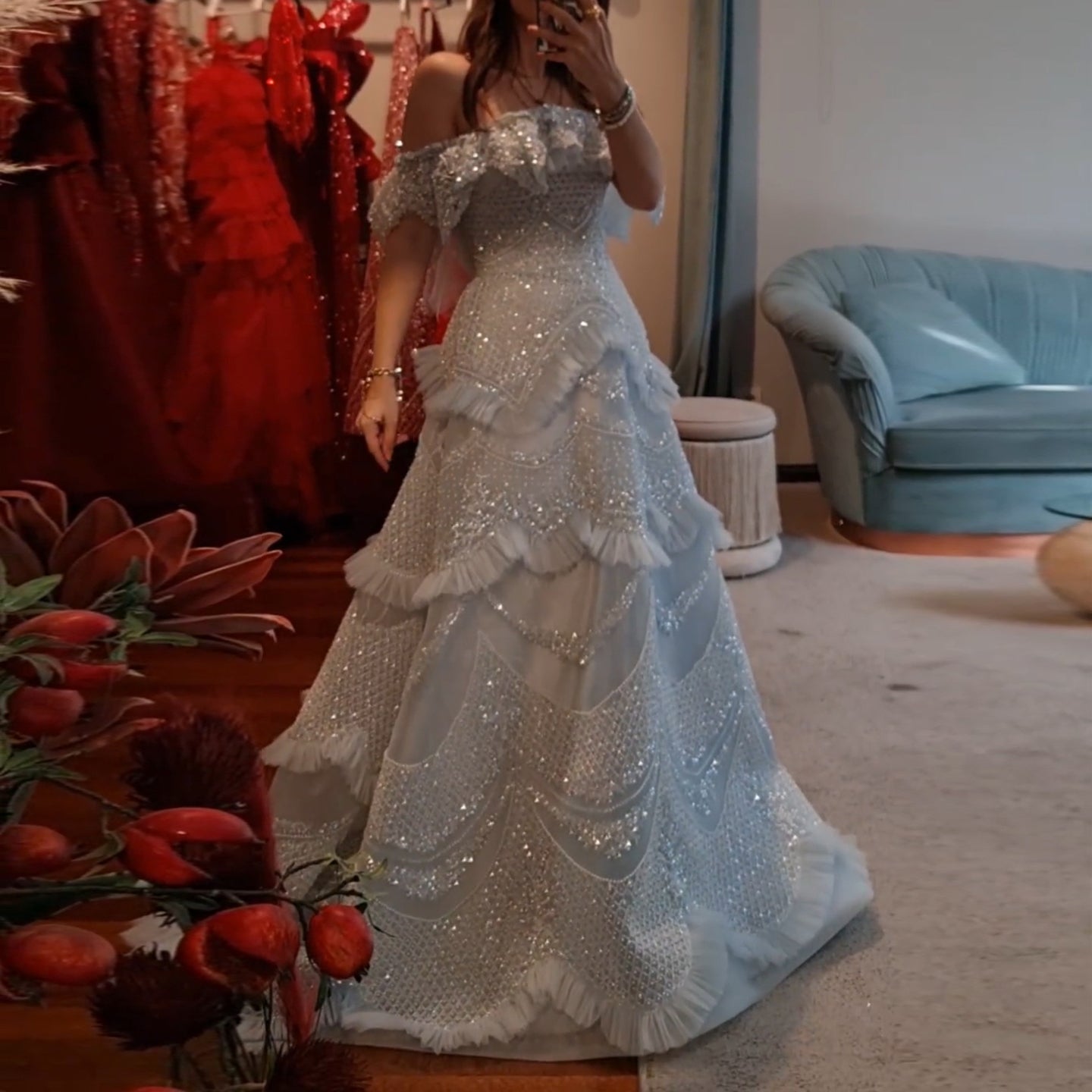 Luxury Pearls Silver Gray Off Shoulder A-Line Evening Dress SS485