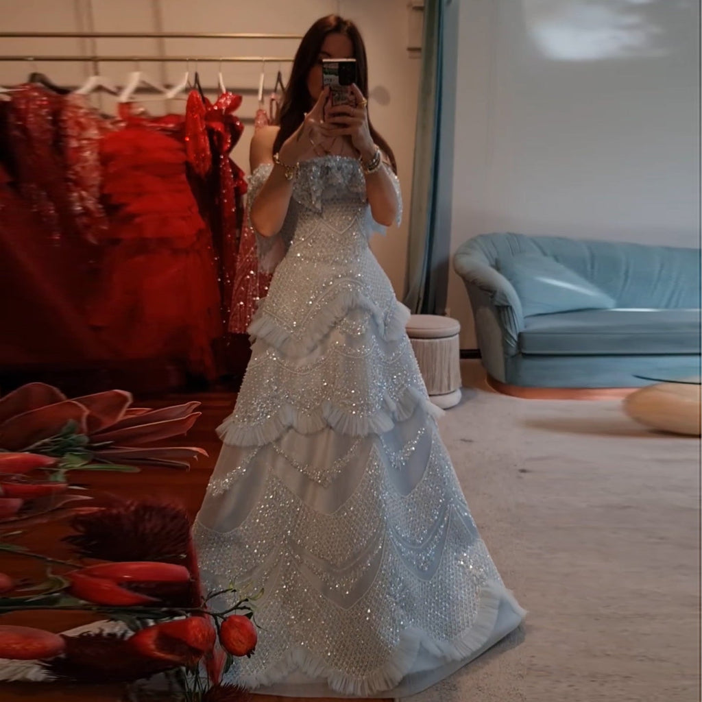 Luxury Pearls Silver Gray Off Shoulder A-Line Evening Dress SS485