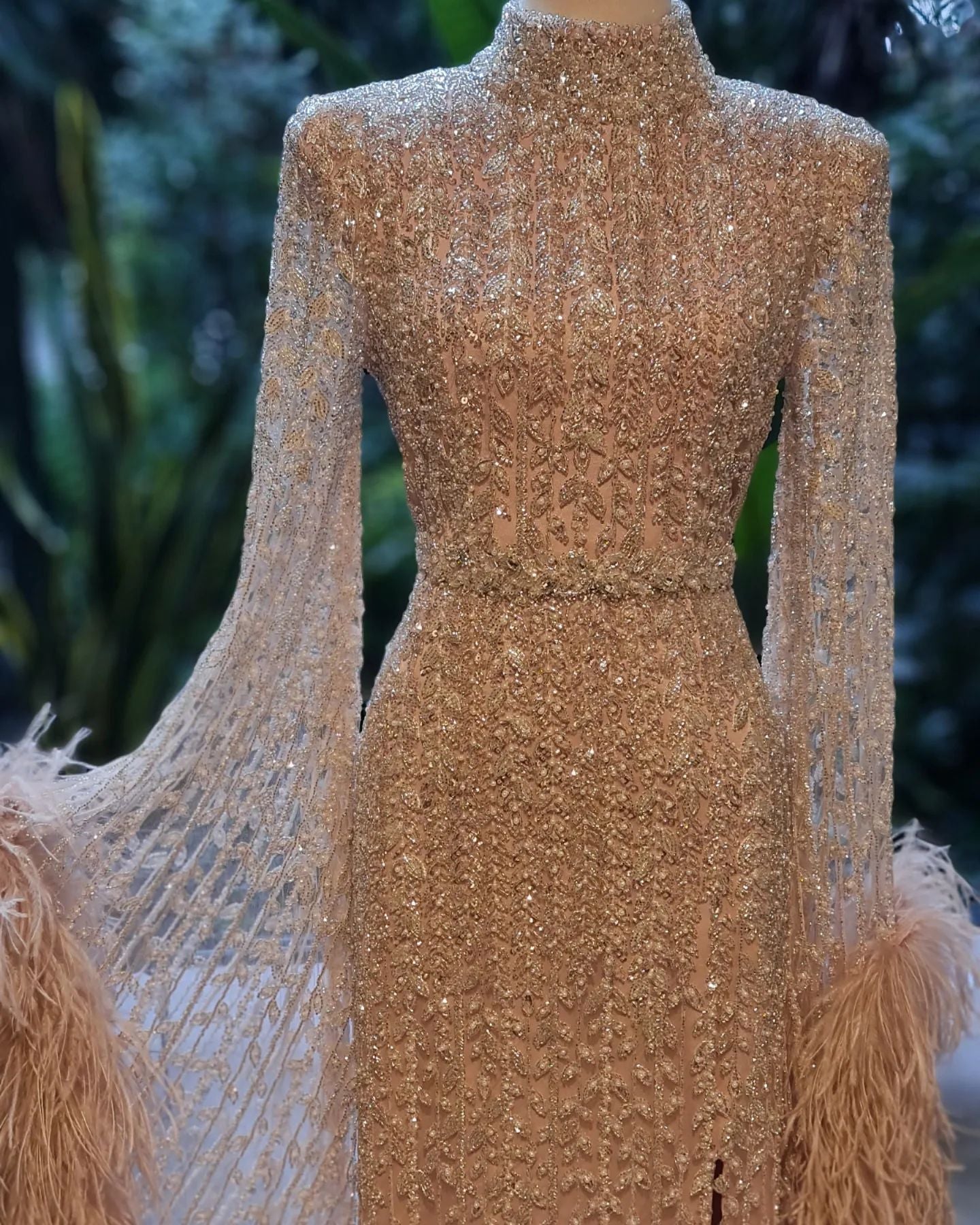 Elegant Rose Gold Evening Gown with Feathered Cape Sleeves SS788