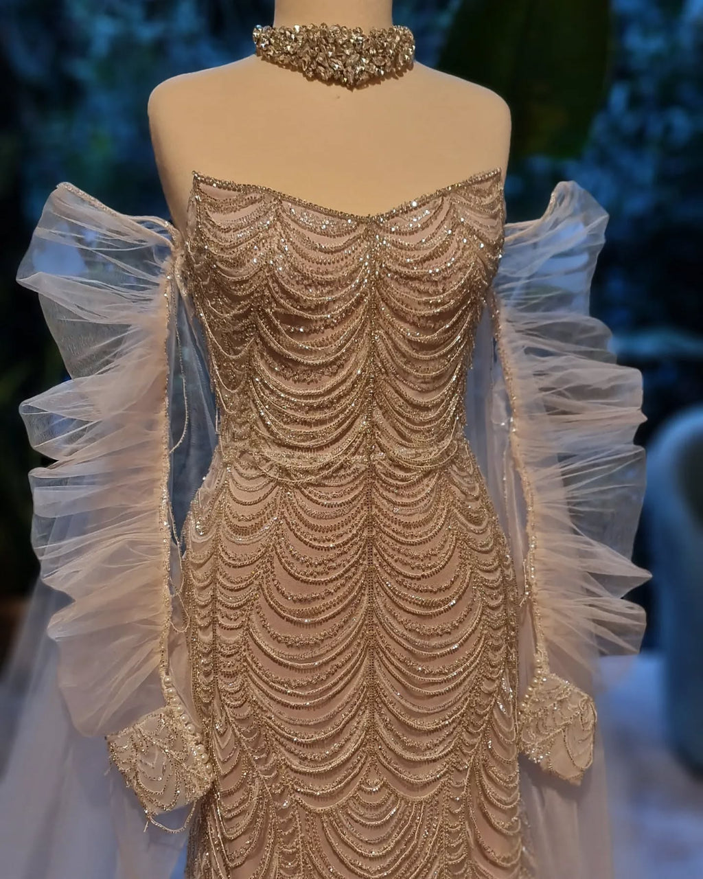 Luxury Beaded Champagne Evening Dress with Cape Sleeve SS535