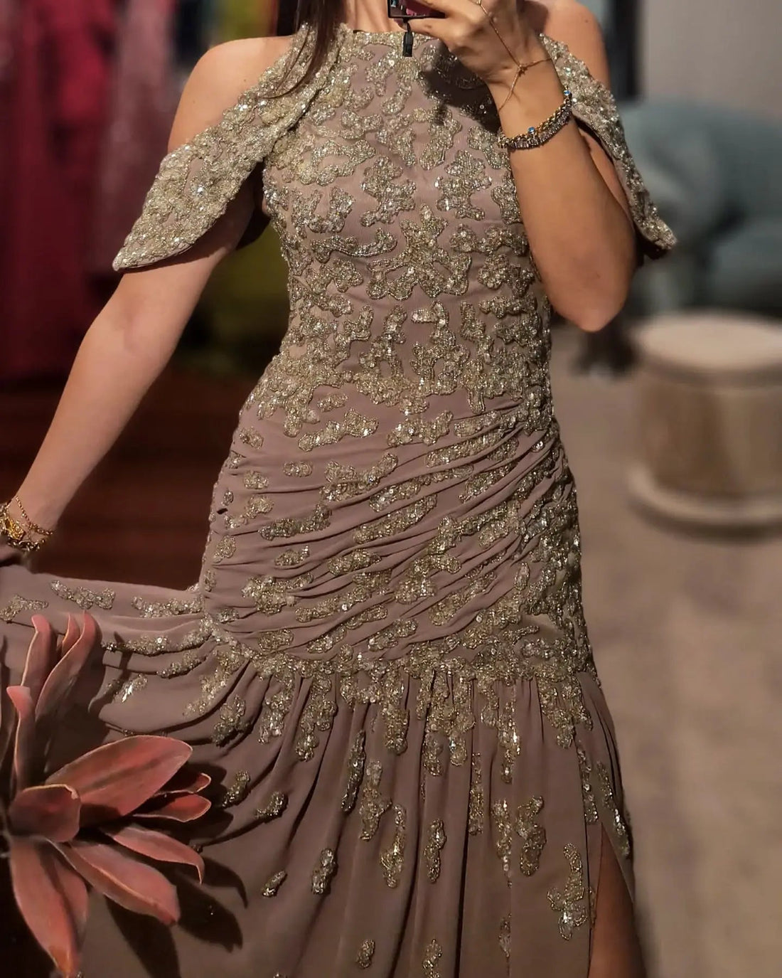 Luxury Beaded Mauve Snap Sleeves Evening Dress SS559